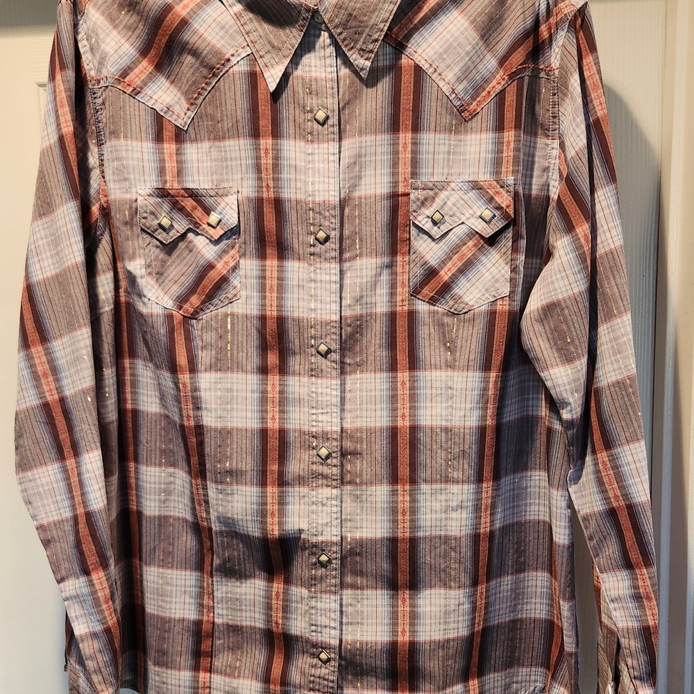 Wrangler Women's XL Western Shirt Blouse Gold Threading Pearl Look Snaps Plaid